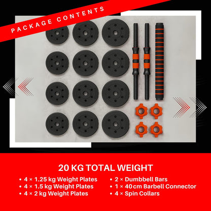 20KG Adjustable Dumbbell & Barbell Set, 2-In-1 Home Gym Weights Kit